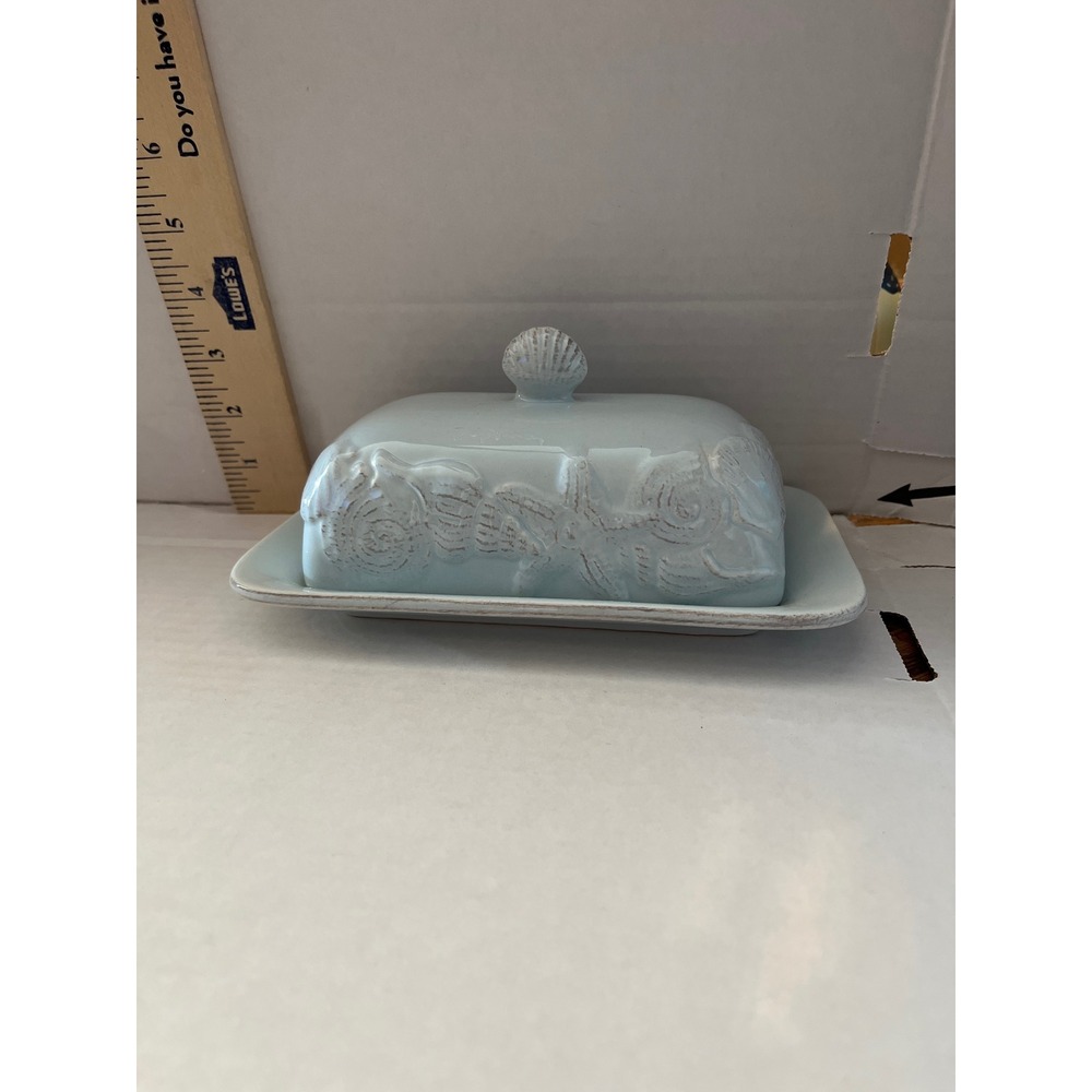 Blue Sky Ceramic Seashell Menagerie Butter Dish Light Blue Coastal Starfish 2015